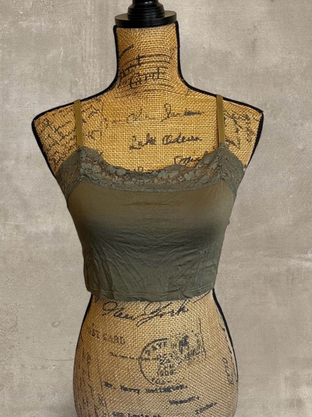 Olive Green Y2K Bella Swan Lace Trim Cropped Camisole
